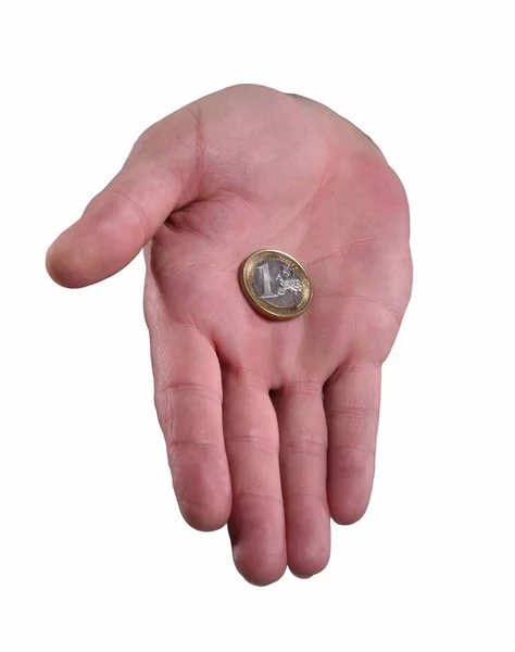 Мужская Рука Монетой Евро Белом Фоне — стоковое фото
