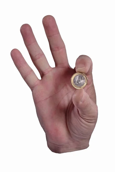 Чоловіча Рука Монетою Євро Білому Тлі — стокове фото