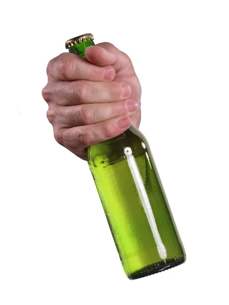Mannens Hand Hålla Ölflaska Vit Bakgrund — Stockfoto