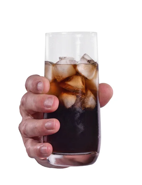 Mão Masculina Segurando Refrigerante Bebida Fundo Branco — Fotografia de Stock
