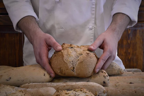 Panadero Sosteniendo Pan Fresco Panadería —  Fotos de Stock