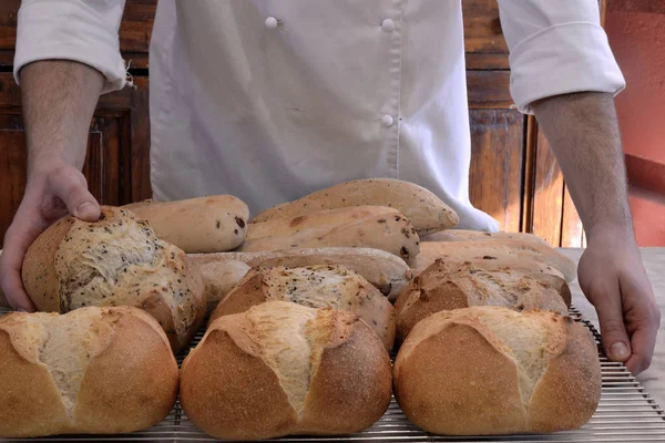 Bäcker Hält Frisches Brot Auf Bäcker — Stockfoto