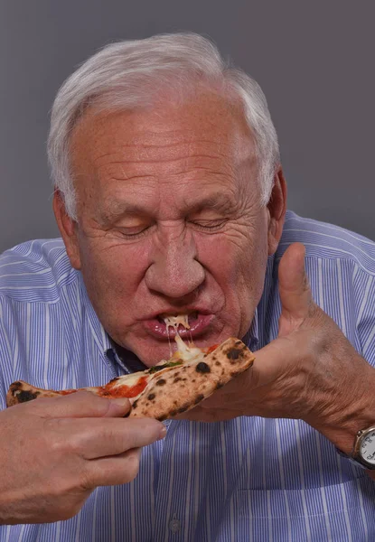 Grandfather Eat Pizza Slice — Stock Photo, Image