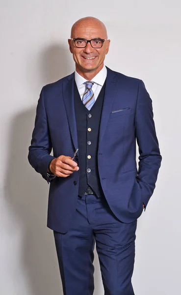 Bald Middle Aged Businessman Standing Hand Pocket Smiling Camera Grey — Stock Photo, Image