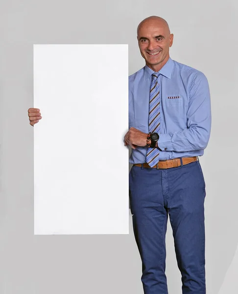 Young Handsome Man Holding Banner — Stock Photo, Image
