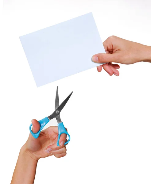 Persona Mani Che Tengono Pezzo Carta Forbici Isolato Sfondo Bianco — Foto Stock