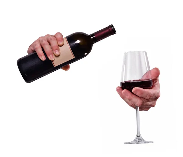 Hand giving red wine bottle — Stock Photo, Image