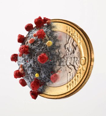Coronavirus Avrupa bulaşıcı madeni para üzerinde beyaz arka planda.
