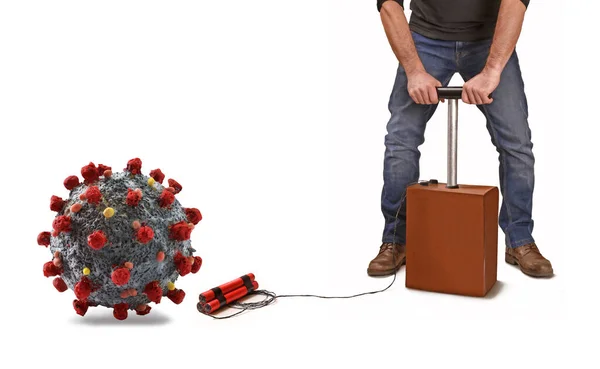 Blowing Coronavirus Dynamite Explosive Detonator Destroy Virus — Stock Photo, Image