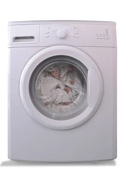 Vooraanzicht Van Wasmachine Met Geïnfecteerde Viruskleding Witte Achtergrond — Stockfoto
