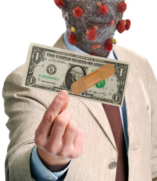 Fictional Character Coronavirus Molecule Strutture Infected Businessman Holding Dollar Bill — Stock Photo, Image