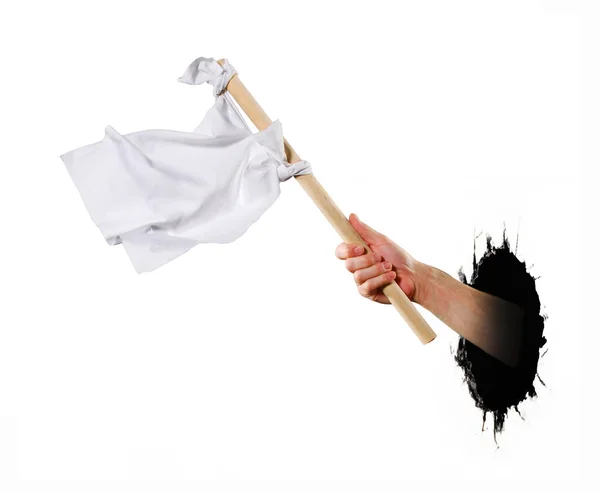 Ręka Trzymać Białą Flagę Ciemnej Dziury Prosząc Pomoc — Zdjęcie stockowe