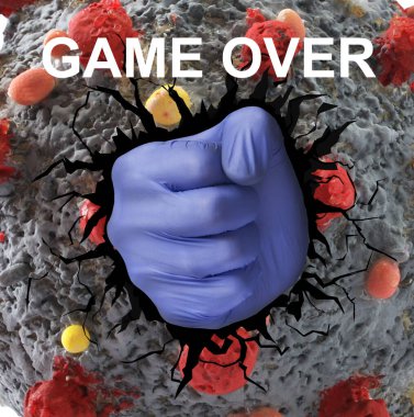 Sıhhiyeci el yumruğu Coronavirus molekülü içeriden, yenilmiş virüs.