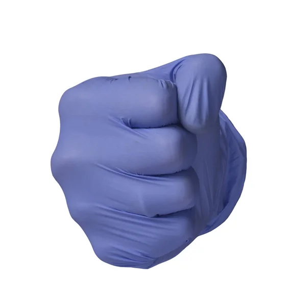 Medic Hand Bär Blå Latex Handske Punch Tecken Koncept Vit — Stockfoto