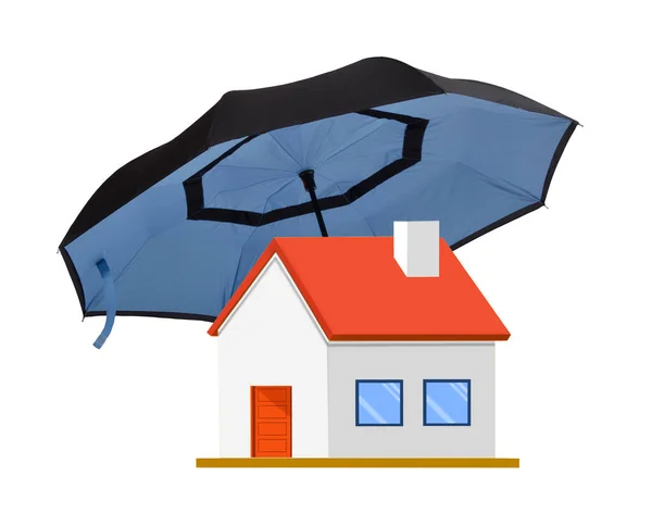 关于白人保险政策概念的大伞罩在房子上 — 图库照片
