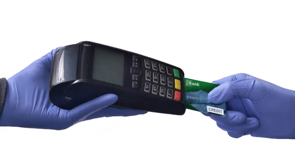 Holding Card Payment Reader Using Medical Latex Protective Gloves — Stock Photo, Image