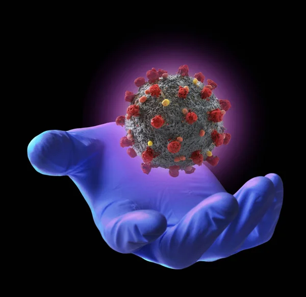 Pływająca Struktura Cząsteczek Koronawirusa Unosząca Się Rękawiczce Chirurgicznej Koncepcja Biotechnologii — Zdjęcie stockowe