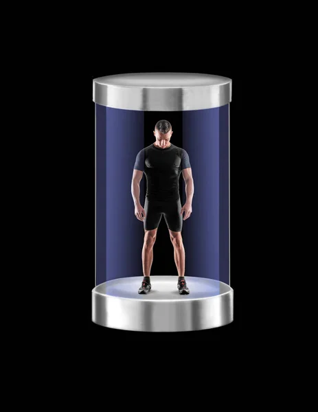 Hombre Fuerte Fitness Dentro Una Cápsula Cristal Tecnología — Foto de Stock