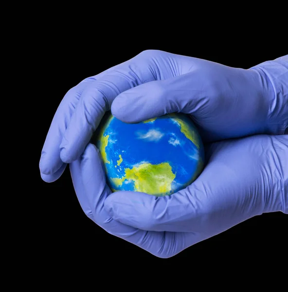 Orvos Kéz Fogja Védi Föld Bolygó Sebészeti Kesztyű — Stock Fotó