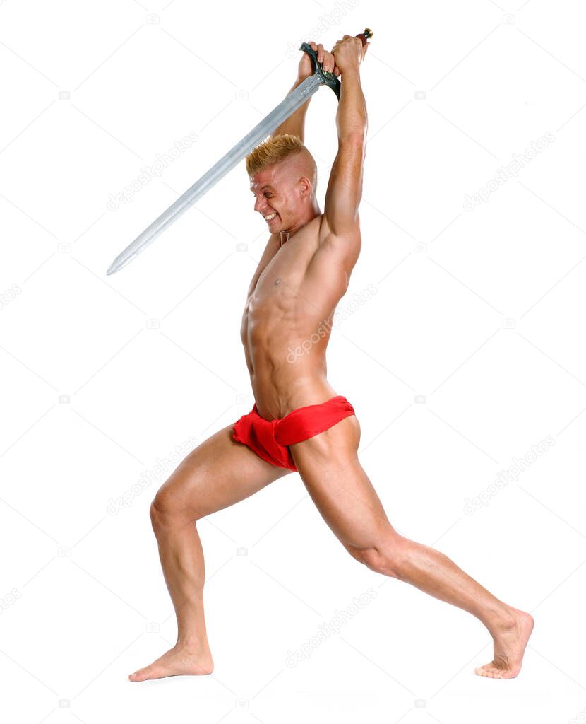 Medieval warrior fighter holding a sword.
