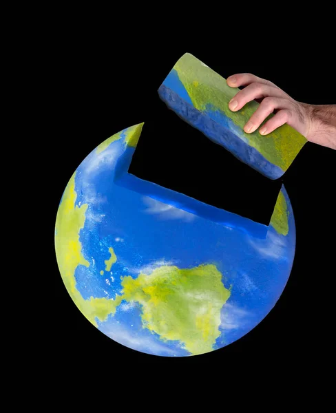 Mão Colocando Parede Tijolo Planeta Terra Recuperando Conceito Construção Fundo — Fotografia de Stock