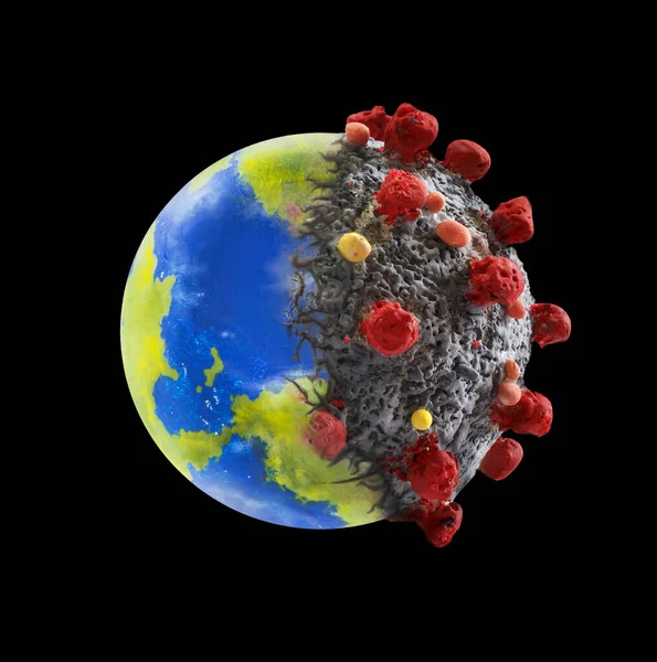 Coronavirus pandemic contagion on planet earth concept on black background.