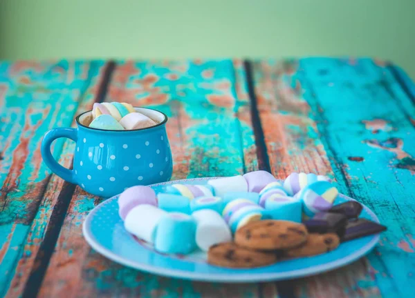 Galletas de malvavisco y chocolate en plato azul — Foto de Stock