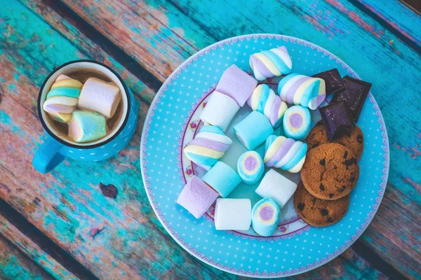 Galletas de malvavisco y chocolate en el plato encima de la vista — Foto de Stock