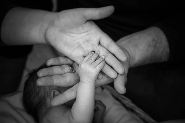 Mano del bebé recién nacido y las manos — Foto de Stock