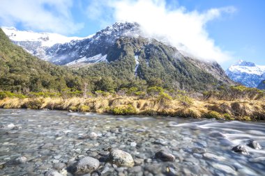 Water stream with snow mountain at monkey creek, New Zealand clipart