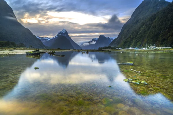 Východ Slunce Reflexe Mitre Peak Milford Sound Národním Parku Fiordland — Stock fotografie