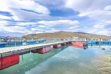Wairepo kol, Twizel, South Island, Yeni Zelanda buzul sularda yüzen Somon Balık çiftliği