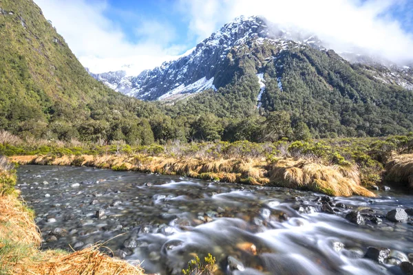 Arroyo Agua Con Montaña Nieve Arroyo Mono Nueva Zelanda — Foto de Stock