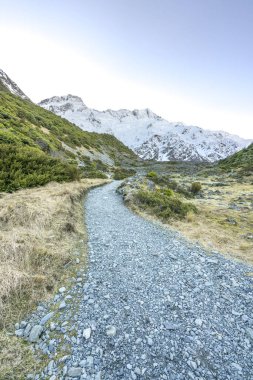 tussock fahişe Valley, önde gelen aoraki mount cook, Güney Alpler'in en yüksek tepe, simge Yeni Zelanda için kısmen parça bölümü ile iz bulutlarda kaplı