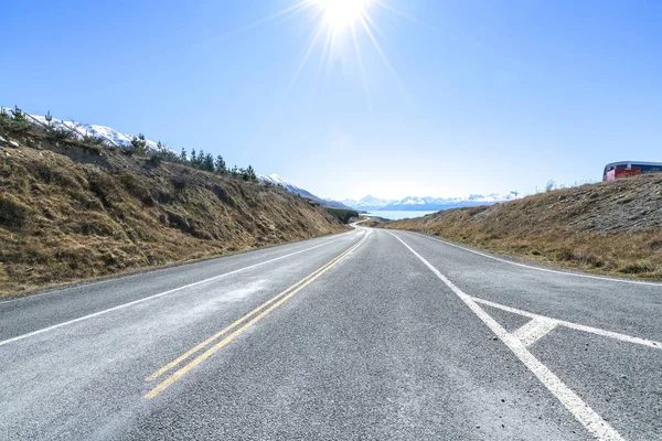 Estrada Vazia Linha Reta Que Leva Aoraki Mount Cook Nova — Fotografia de Stock