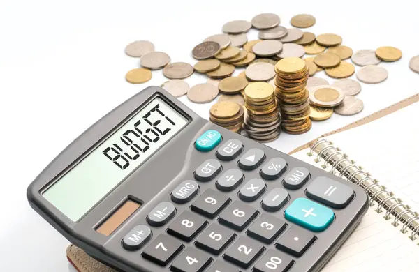 Coins Calculator Financial Conceptual Text — Stock Photo, Image