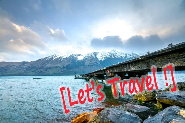 Träbryggan Med Berget Vid Sjön Glenorchy Nya Zeeland — Stockfoto