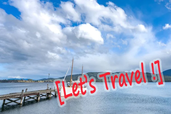 Ship Park Wooden Jetty Mountain Background Anau New Zealand — Stock Photo, Image