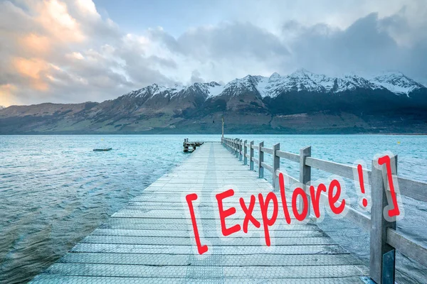 Houten Steiger Met Berg Glenorchy Lake Nieuw Zeeland — Stockfoto