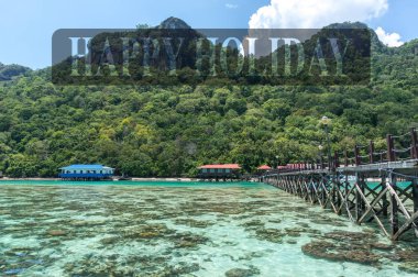 Boghey Dulang adasında ahşap iskele ve mercanlar, Sabah, Malezya