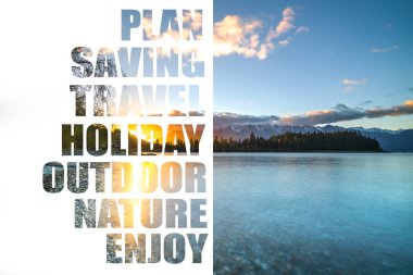Plan, tasarruf, seyahat, tatil, açık, doğal ve zevk metin ile Peyzaj.