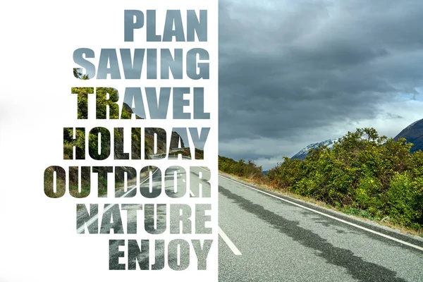 Landscape with plan, saving, travel, holiday, outdoor, natural and enjoy text.