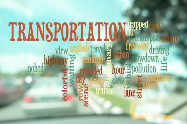 Metin şehir hayatı konsepti ile arabanın içinden görüntü görünümünü bulanıklaştırma.