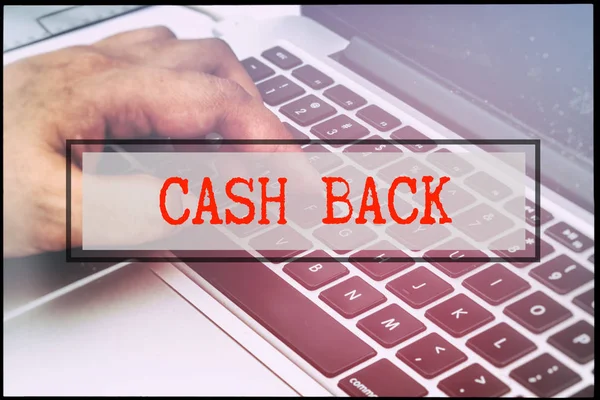 Hand and text CASH BACK with vintage backgound. Technology concept.