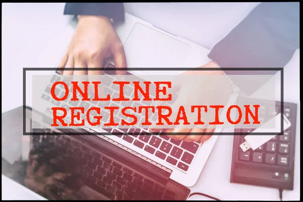 Hand Text Online Registration Vintage Background Technology Concept — Stock Photo, Image