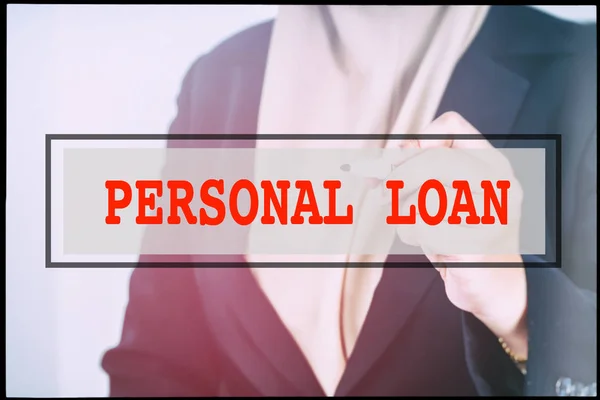 Hand and text  PERSONAL LOAN with vintage background. Technology concept.