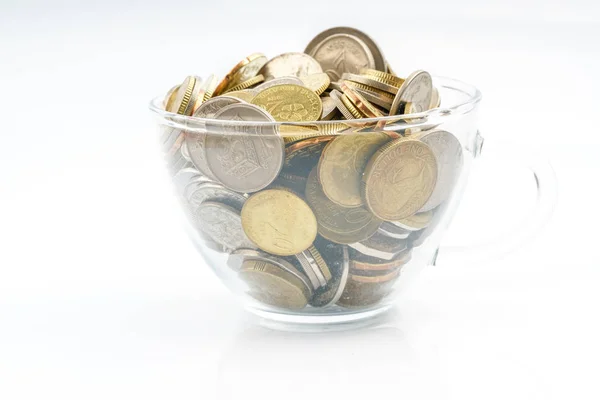 Coins Cup Glass White Background — Stock Photo, Image