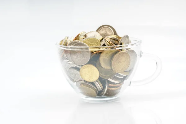 Coins Cup Glass White Background — Stock Photo, Image