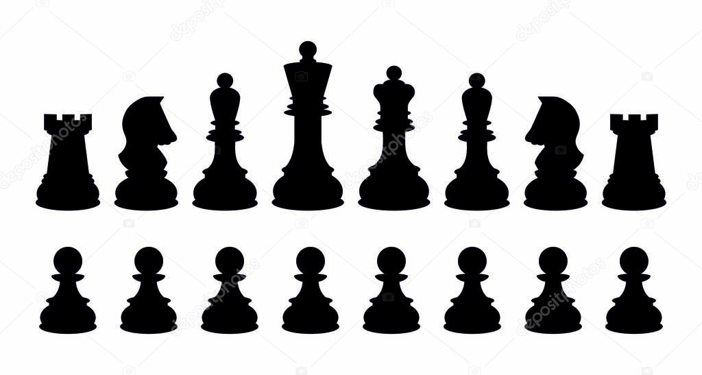 Chess icons. Vector chess isolated on white background. Playing chess on the Board. King, Queen, rook, knight, Bishop, pawn. Silhouettes of chess pieces. Chessboard. Black and white