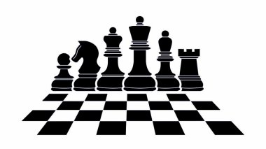 Satranç tahtası. Tahtada satranç oynuyorum. Satranç ikonları. Beyaz arkaplanda izole edilmiş vektör satranç. Papaz, kız, kale, at, fil, piyon. Satranç taşlarının siluetleri. Siyah ve beyaz  
